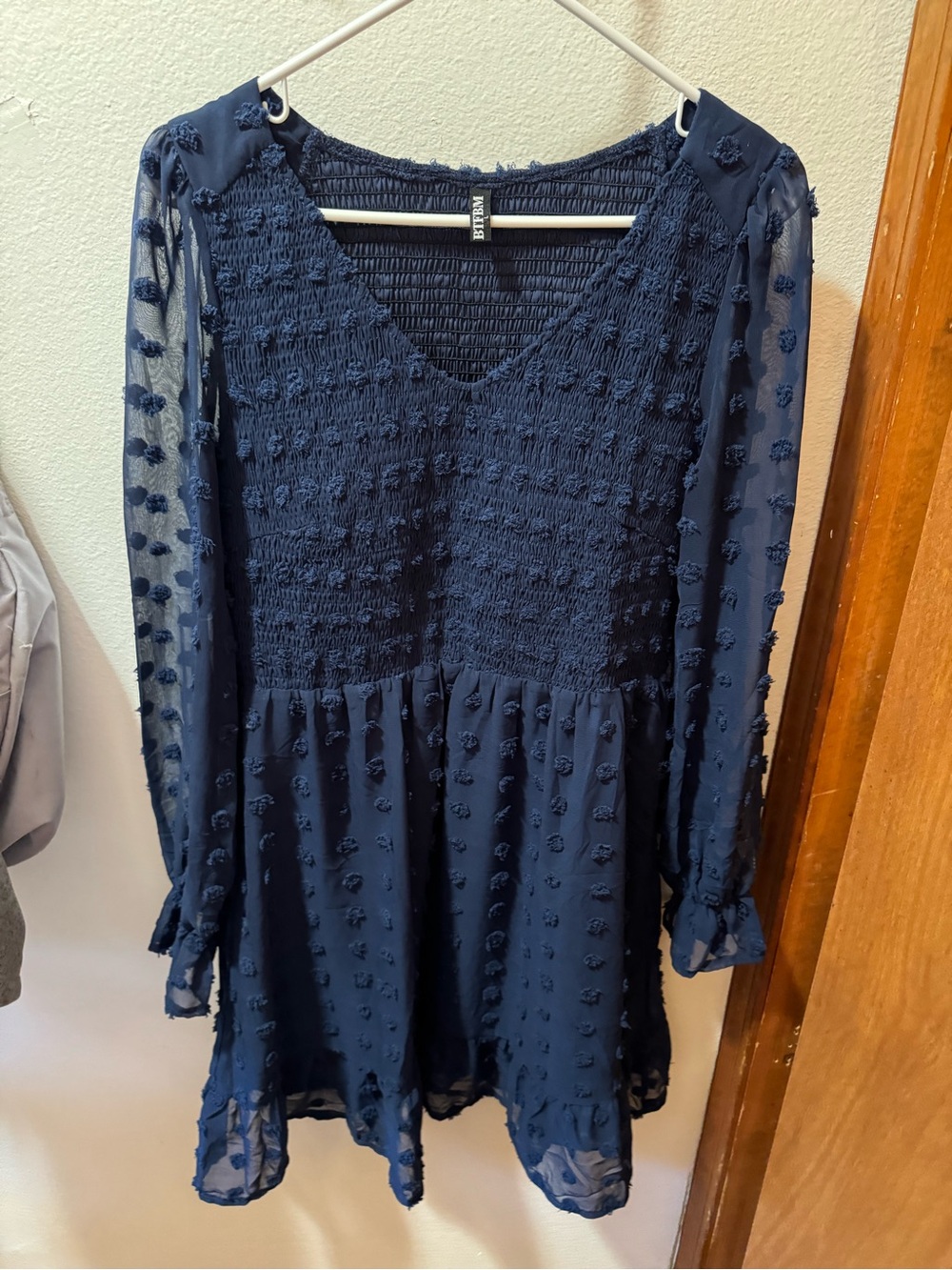 BB Dakota Navy Textured Swiss Dot Smocked V-Neck Tunic Dress